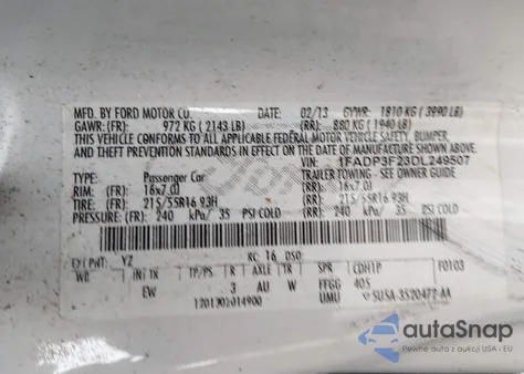 2013 Ford Focus Se from USA, damaged, VIN 1FADP3F23DL249507